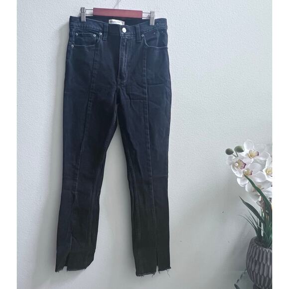 Abercrombie & Fitch Skinny High Rise Raw Hem Ankle Slit Black Jean Women's 28/6R - Picture 3 of 8